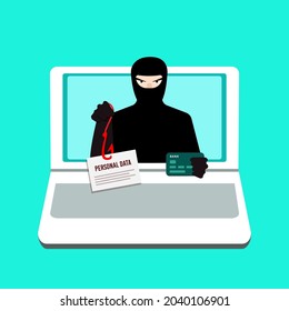 Suplantación de identidad (phishing). Un hacker informático que roba dinero y datos personales en Internet. Delitos en la web con piratería de contraseñas. El concepto de ataques de hackers, fraude en línea y protección web. Ilustración vectorial.