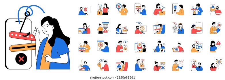 Phishing concept with character situations mega set. Bundle of scenes people get phishing problem with personal data or accounts, searching bugs and other. Vector illustrations in flat web design