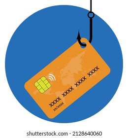 Phishing concept. Credit card being fished by a hook. Bank data theft scam alert