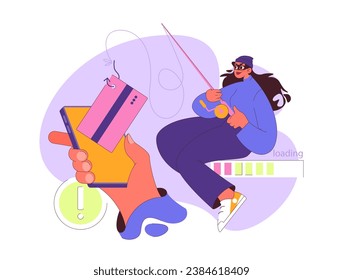 Phishing concept. Deceptive hacker baits an unsuspecting user's phone, symbolizing dangerous online scams. Beware of cyber traps. Sneaky digital threats. Flat vector illustration