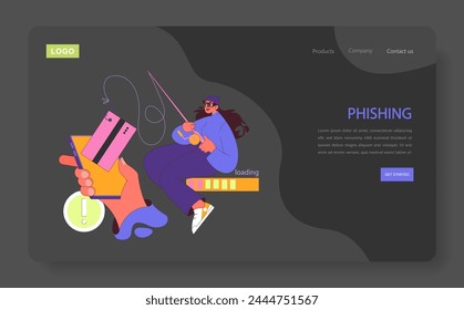 Phishing concept. Deceptive hacker baits an unsuspecting user's phone, symbolizing dangerous online scams. Beware of cyber traps. Sneaky digital threats. Flat vector illustration