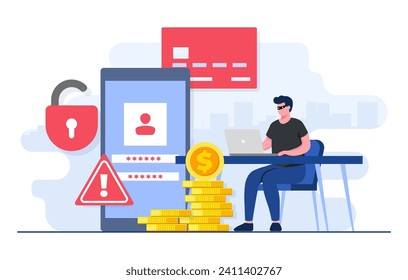 Concepto de phishing concepto de ilustración plana, Hackers robando detalles del banco, Robo de dinero, estafa de tarjeta de crédito, ataque de hackers, seguridad de la base de datos