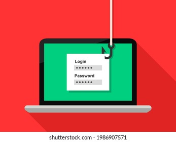 Phishing concept. Hacker stealing login, account, username and password information from laptop screen using a fishing hook. Flat design, vector illustration.