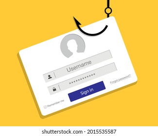 Phishing concept. Hacker stealing login, account, username and password information with a fishing hook. Flat design, vector illustration.