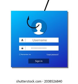 Phishing concept. Hacker stealing login, account, username and password information with a fishing hook. Flat design, vector illustration.
