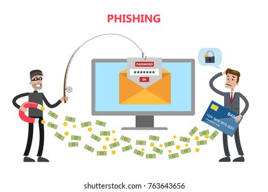 Phishing Concept Illustration. Thief Stealing Money And Password From Businessman.