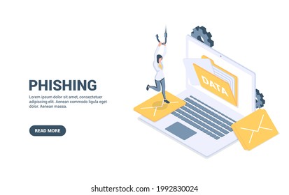 Phishing. Concept of internet fraud, computer virus and spyware, data leaks.Vector illustration in isometric style. Isolated on white background.