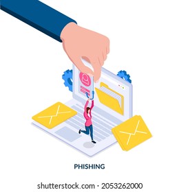 Phishing. Concept of internet fraud, computer virus and spyware, data leaks. User on the hook. Vector illustration in isometric style. Isolated on white background.