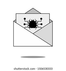 Phishing concept. Malware email. Fraudulent email with virus. Flat icon. Isolated on white background. 