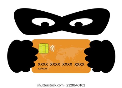 Phishing Concept. Thief With A Mask Behind A Credit Card. Fraud And Theft Of Bank Data