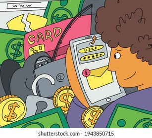 Phishing crime with online message, vector illustration. Cartoon hacker character use smartphone technology to steal man banking information. Cyber criminal, fraud with money, card design.