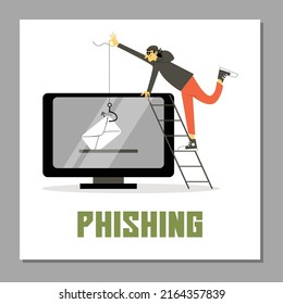 Afiche de phishing y ciberataques, hackers robando correo electrónico o datos personales de computadora, ilustración de vector plana. Concepto abstracto de ciberdelincuencia y fraude.