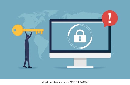 Phishing and cyber crime attacks vector illustration. Hacker holding keys to unlock and stealing data privacy. 