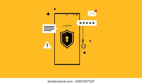 Vektorillustration der Phishing-Cyberkriminalität. Visuelle Elemente bieten Köder in Form von Phishing-E-Mails und E-Mail-Benachrichtigungen. ​Bedrohungsbewusstsein​ Aufklärung über Internetbetrug, Smartphone-Betrugswarnung