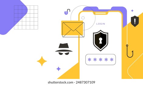 Phishing cyber crime vector illustration. Visuals provide bait in the form of phishing emails, email notifications. Cyber ​​threat awareness, internet fraud awareness, smartphone fraud alert