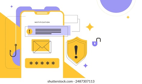 Vektorillustration der Phishing-Cyberkriminalität. Visuelle Elemente bieten Köder in Form von Phishing-E-Mails und E-Mail-Benachrichtigungen. ​Bedrohungsbewusstsein​ Aufklärung über Internetbetrug, Smartphone-Betrugswarnung