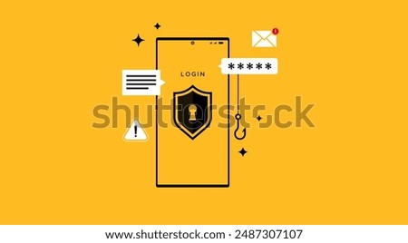 Phishing cyber crime vector illustration. Visuals provide bait in the form of phishing emails, email notifications. Cyber ​​threat awareness, internet fraud awareness, smartphone fraud alert