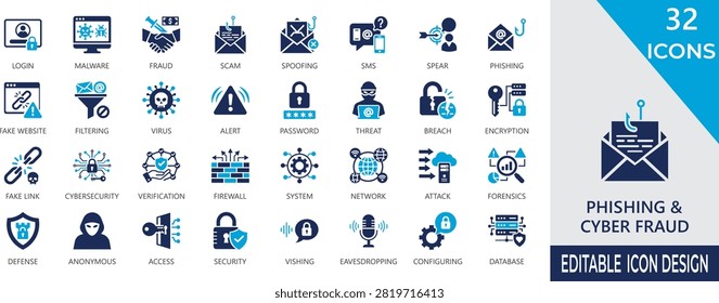 Phishing and cyber fraud solid icon set. included hacker attack, credential theft, firewall, password, malware, scam, account breach, and network defense mobile application. Editable vector icon collection.