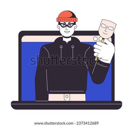 Phishing cybercrime flat line concept vector spot illustration. Cyberattack on personal data and identity 2D cartoon outline character on white for web UI design. Editable isolated color hero image