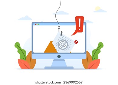 Phishing data concept, online fraud hacking on computer laptop concept. Fishing via email, envelope and fishing hook symbol. Fishing and fraud, online fraud and theft. Flat vector illustration.