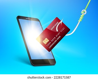 Phishing data from credit cards. A credit card hangs on a fishing hook. Theft of money from bank accounts. Vector illustration