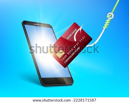 Phishing data from credit cards. A credit card hangs on a fishing hook. Theft of money from bank accounts. Vector illustration