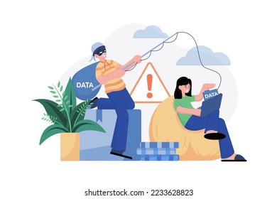Phishing Data Diebstahl Illustration Konzept. Eine flache Illustration einzeln auf weißem Hintergrund
