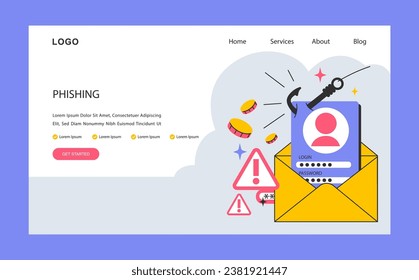 Phishing data theft technology web banner or landing page. Cyber attack, hacker stealing personal data and money from digital wallet, device or social network. Flat vector illustration
