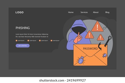 Phishing data theft technology web banner or landing page dark or night mode. Cyber attack, hacker stealing personal data and money from a message, device or social network. Flat vector illustration