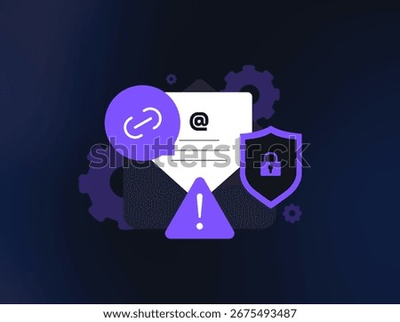 Phishing email alert with warning sign, security shield and suspicious link detection. Phishing e-mail concept for online protection and cyber awareness in digital communication. Vector illustration
