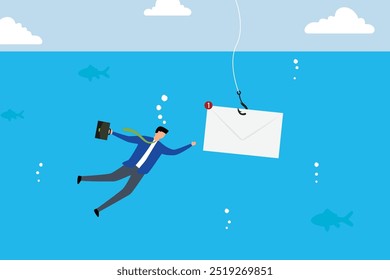 Phishing email, Avaricious entrepreneur submerging to retrieve email envelope using fishing hook.