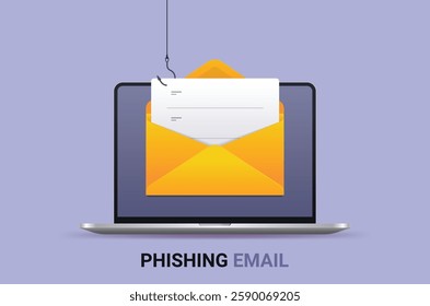 Phishing email concept illustration on gray background. Realistic vector laptop with yellow envelope on hook