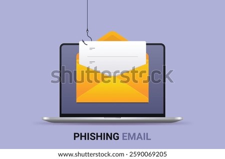 Phishing email concept illustration on gray background. Realistic vector laptop with yellow envelope on hook