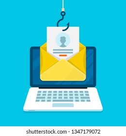 Phishing email concept with laptop computer, email login page and fishing hook. Privacy protection and online threats attack vector illustration