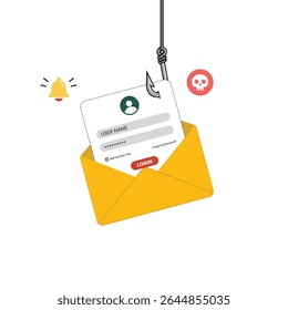 Conceito de e-mail de phishing mostrando roubo digital, violação de dados e acesso não seguro a informações em crimes cibernéticos e ilustração de ameaças à segurança on-line
