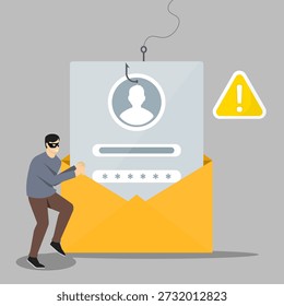 Concepto de correo electrónico de phishing que muestra que un hacker roba las credenciales de Inicio de sesión de un mensaje de correo electrónico con un signo de advertencia. Concepto de estafa en línea, robo de identidad, correo electrónico malicioso y amenaza de ciberseguridad.
