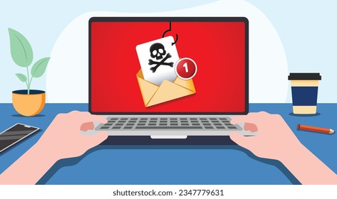 Phishing email, cyber criminals, hackers, phishing email to steal personal data, hacked laptop, malware, infected email, Scene of a person working on a laptop with an infected email on the screen