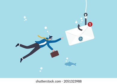 Phishing email, fraud or scam mail offer fake login or password form to steal personal information, online crime concept, greedy businessman diving underwater to catch email envelope with fishing hook
