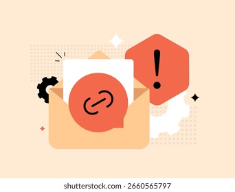 Phishing email link alert with suspicious message detection, email security audit. Phishing e-mail link spam filter analysis, cyber threat prevention, safe digital communication. Vector illustration