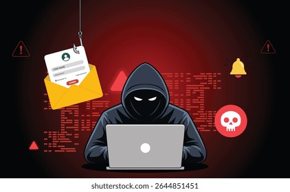 Concepto de estafa de correo electrónico de phishing con hacker en sudadera con capucha, robo de identidad digital, fraude de tarjeta de crédito e ilustración de violación de seguridad de computadora portátil