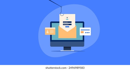 Correo electrónico de phishing, Robar información personal a través de la estafa de correo electrónico, Reportar correo electrónico de phishing, tomar información privada del correo electrónico - fondo de Ilustración vectorial con iconos