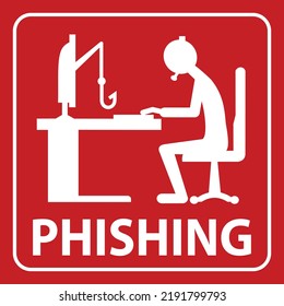 phishing or fishing concept, person siting in front of computer, vector illustration