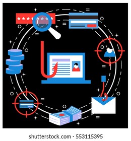 Phishing and fraud - vector illustration for hacking and cyber crimes. Flat style. For web and paper ads. Hacker attack, spam, password stealing concept.