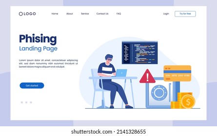 Phishing, Hacker Attack Concept. Hackers Stealing Personal Data. Internet Security with Tiny Character Insert Password on Website. Cartoon People Vector Illustration landing page