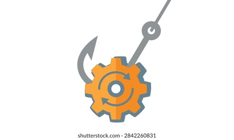 Phishing hook catching an orange process gear symbolizing cyber security risks on white background