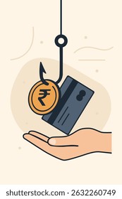 Ein Phishing-Haken, der eine Rupie-Münze oder eine Kreditkarte fängt und so Online-Betrug symbolisiert