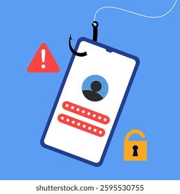 Phishing hook on smartphone. Mobile phishing scam, Hacking passwords and personal information. Cyber banking account attack and email phishing concept.