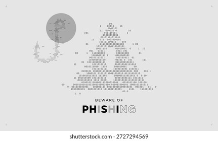 Phishing hook and warning sign icon made of binary code. Concept for cybersecurity awareness, email fraud alert, digital scam protection, and data privacy threat in minimalist futuristic style. binary