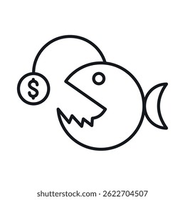 Phishing icon represented as a fish with a dollar sign, illustrating cybersecurity threats in a digital context