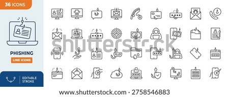 Phishing icon set. Contain icons related to phishing, scam, thief, cybercrime, password hacking, money theft, data leakage, and more. Editable stroke. Vector illustration
